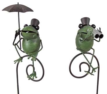 Preview: Der charmante Gentleman: Frosch-Gartenstecker mit Zylinder & Schirm